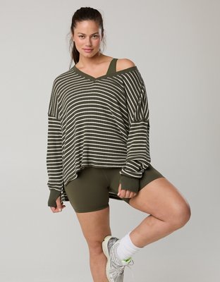 OFFLINE By Aerie Wow! Waffle Long Sleeve V Neck T-Shirt - Festive Olive