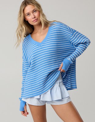 OFFLINE By Aerie Wow! Waffle Long Sleeve V Neck T-Shirt - Rome Blue
