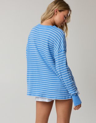 OFFLINE By Aerie Wow! Waffle Long Sleeve V Neck T-Shirt - Rome Blue