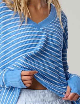 OFFLINE By Aerie Wow! Waffle Long Sleeve V Neck T-Shirt - Rome Blue