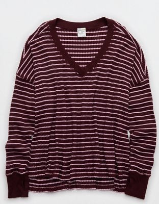 OFFLINE By Aerie Wow! Waffle Long Sleeve V Neck T-Shirt - Royal Berry