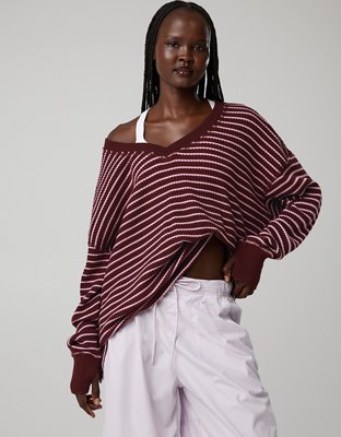 OFFLINE By Aerie Wow! Waffle Long Sleeve V Neck T-Shirt - Royal Berry