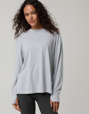 OFFLINE By Aerie Let's Stretch Long Sleeve Boyfriend T-Shirt - Medium Heather Gray