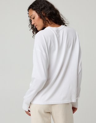 OFFLINE By Aerie Let's Stretch Long Sleeve Boyfriend T-Shirt - White