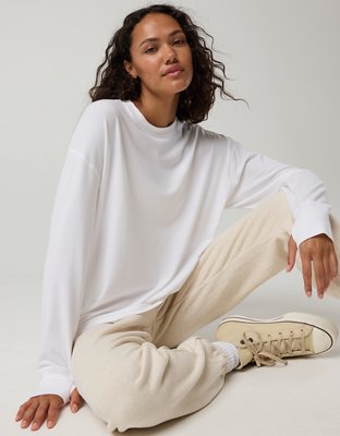 OFFLINE By Aerie Let's Stretch Long Sleeve Boyfriend T-Shirt - White
