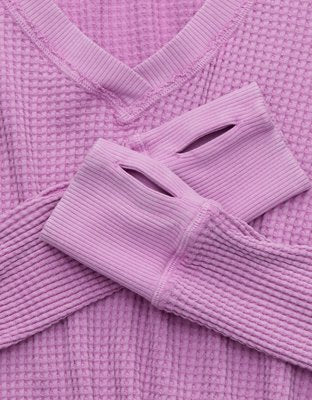 OFFLINE By Aerie Wow! Waffle Long Sleeve V Neck T-Shirt - Planet Pink