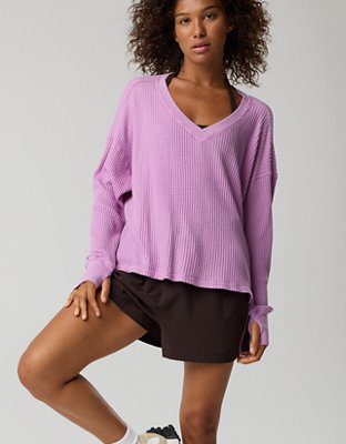 OFFLINE By Aerie Wow! Waffle Long Sleeve V Neck T-Shirt - Planet Pink