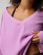 OFFLINE By Aerie Wow! Waffle Long Sleeve V Neck T-Shirt - Planet Pink