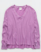 OFFLINE By Aerie Wow! Waffle Long Sleeve V Neck T-Shirt - Planet Pink