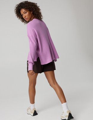 OFFLINE By Aerie Wow! Waffle Long Sleeve V Neck T-Shirt - Planet Pink