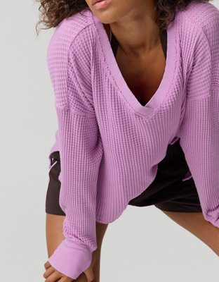 OFFLINE By Aerie Wow! Waffle Long Sleeve V Neck T-Shirt - Planet Pink