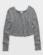 OFFLINE By Aerie Wow! Waffle Long Sleeve Off The Shoulder T-Shirt - Dark Heather Gray