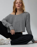 OFFLINE By Aerie Wow! Waffle Long Sleeve Off The Shoulder T-Shirt - Dark Heather Gray