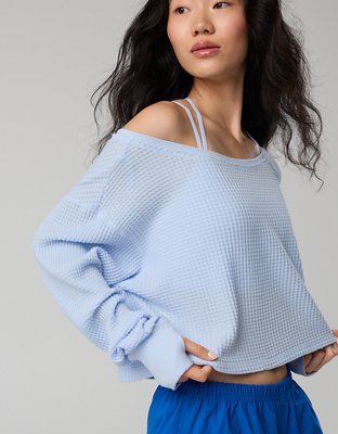 OFFLINE By Aerie Wow! Waffle Long Sleeve Off The Shoulder T-Shirt - Eyelet Blue