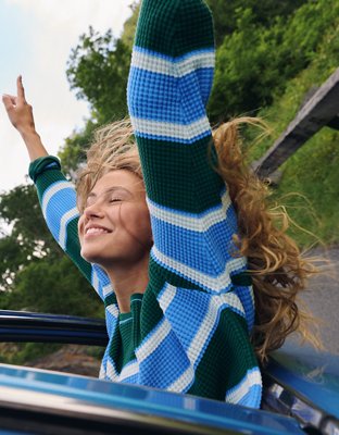 OFFLINE By Aerie Wow! Waffle Long Sleeve Off The Shoulder T-Shirt - Rugged Green