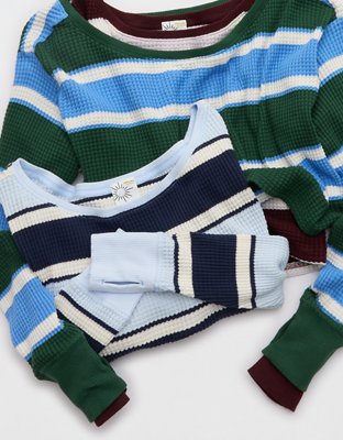 OFFLINE By Aerie Wow! Waffle Long Sleeve Off The Shoulder T-Shirt - Royal Navy