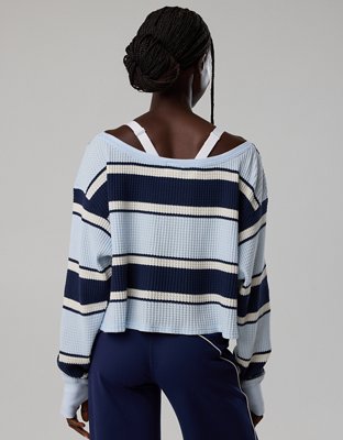 OFFLINE By Aerie Wow! Waffle Long Sleeve Off The Shoulder T-Shirt - Royal Navy