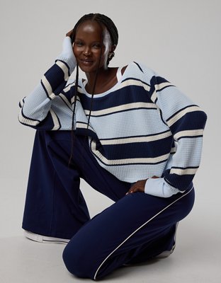 OFFLINE By Aerie Wow! Waffle Long Sleeve Off The Shoulder T-Shirt - Royal Navy