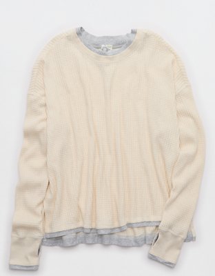 OFFLINE By Aerie Wow! Waffle Layered Long Sleeve T-Shirt - Heather Frost