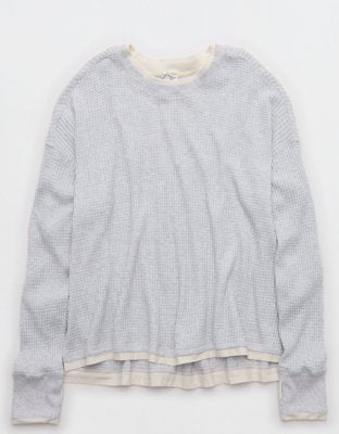 OFFLINE By Aerie Wow! Waffle Layered Long Sleeve T-Shirt - Light Heather Gray