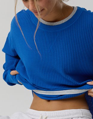 OFFLINE By Aerie Wow! Waffle Layered Long Sleeve T-Shirt - Cobalt Jewel