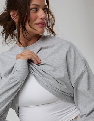 OFFLINE By Aerie OG Cotton Crewneck Long Sleeve T-Shirt - Medium Heather Gray