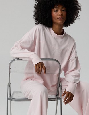 OFFLINE By Aerie OG Cotton Crewneck Long Sleeve T-Shirt - Pink Petal