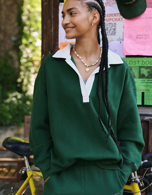 OFFLINE By Aerie Cloud Fleece Polo Sweatshirt - Rugged Green