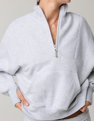 OFFLINE By Aerie Cloud Fleece Seamed Quarter Zip Sweatshirt - Light Heather Gray