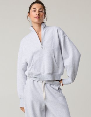 OFFLINE By Aerie Cloud Fleece Seamed Quarter Zip Sweatshirt - Light Heather Gray