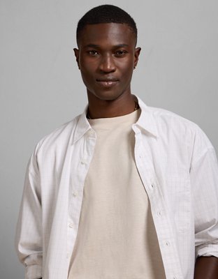 AE77 Premium Relaxed Striped Poplin Button-Up Shirt - Gleam White