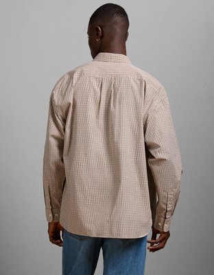 AE77 Premium Relaxed Striped Poplin Button-Up Shirt - Khaki
