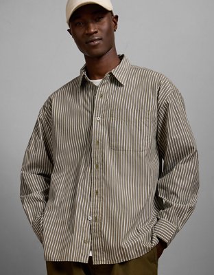 AE77 Premium Relaxed Striped Poplin Button-Up Shirt - Olive