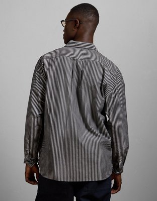 AE77 Premium Relaxed Striped Poplin Button-Up Shirt - Navy
