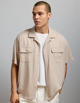 AE77 Premium Relaxed Short-Sleeve Button-Up Shirt - Khaki
