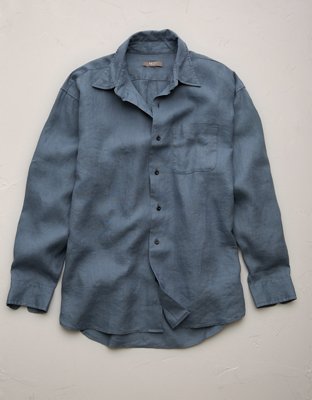 AE77 Premium Relaxed Linen Button-Up Shirt - Blue