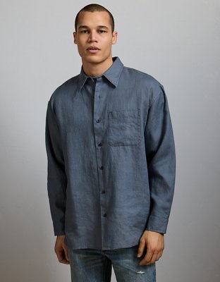 AE77 Premium Relaxed Linen Button-Up Shirt - Blue
