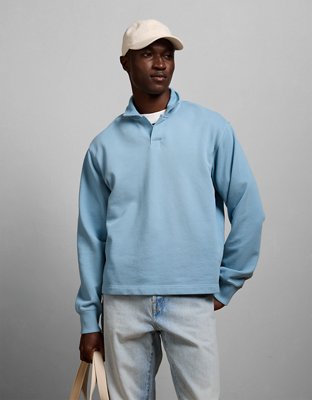 AE77 Long-Sleeve Terry Fleece Polo Shirt - Blue