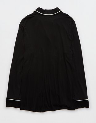 OVERSLEPT by Aerie Real Soft® Piping Long Sleeve PJ Top - True Black