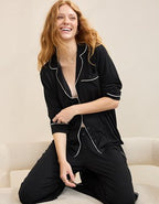 OVERSLEPT by Aerie Real Soft® Piping Long Sleeve PJ Top - True Black