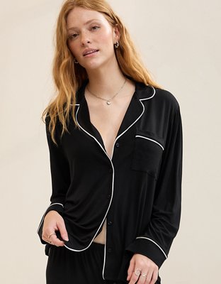 OVERSLEPT by Aerie Real Soft® Piping Long Sleeve PJ Top - True Black