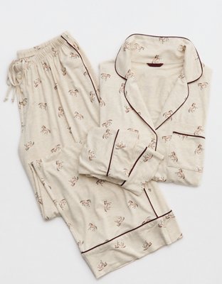 OVERSLEPT by Aerie Real Soft® Piping Long Sleeve PJ Top - Basketweave