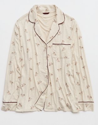 OVERSLEPT by Aerie Real Soft® Piping Long Sleeve PJ Top - Basketweave