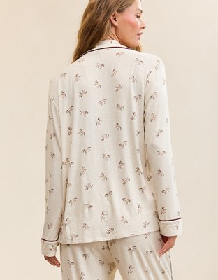 OVERSLEPT by Aerie Real Soft® Piping Long Sleeve PJ Top - Basketweave