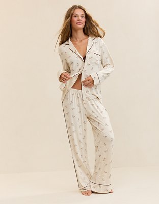OVERSLEPT by Aerie Real Soft® Piping Long Sleeve PJ Top - Basketweave