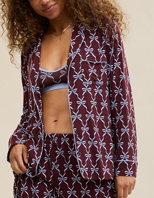 OVERSLEPT by Aerie Real Soft® Piping Long Sleeve PJ Top - Royal Berry