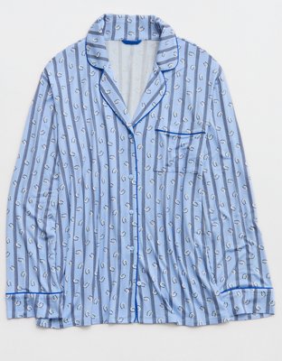 OVERSLEPT by Aerie Real Soft® Piping Long Sleeve PJ Top - Twilight Blue