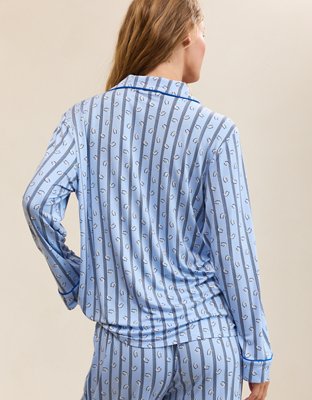 OVERSLEPT by Aerie Real Soft® Piping Long Sleeve PJ Top - Twilight Blue
