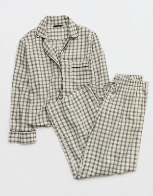 OVERSLEPT by Aerie Seersucker Long Sleeve Shirt - Deep Earth