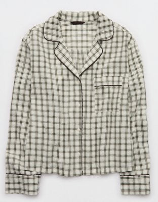 OVERSLEPT by Aerie Seersucker Long Sleeve Shirt - Deep Earth